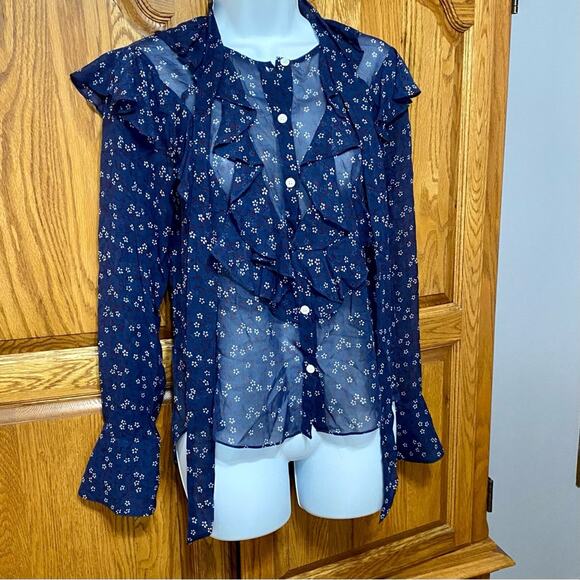 Veronica Beard Finley Silk Ruffle Tie Neck Blouse Dark Blue Floral Women’s Sz 0 - Picture 3 of 16